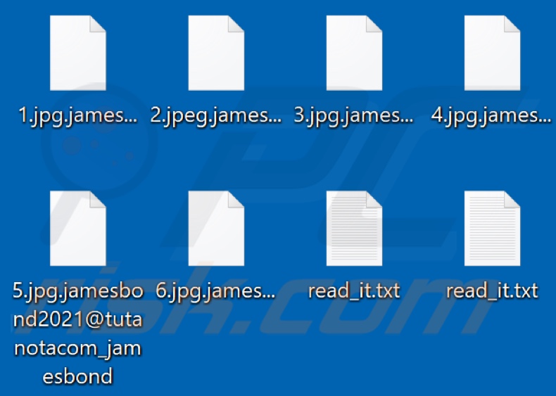 Files encrypted by JamesBond ransomware (.jamesbond2021@tutanotacom_jamesbond extension)