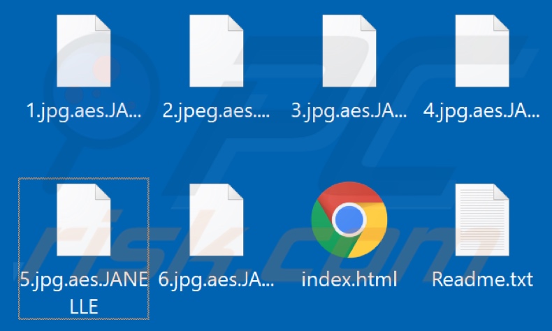 Files encrypted by JANELLE ransomware (.aes.JANELLE extension)
