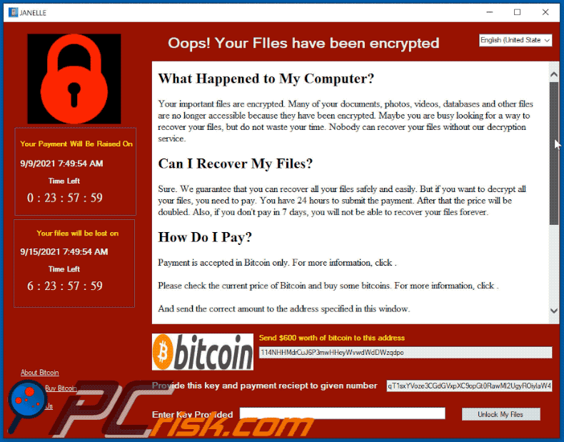 JANELLE ransomware pop-up gif