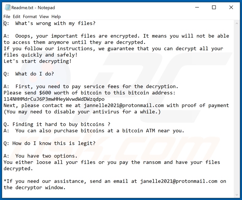 JANELLE ransomware text file (Readme.txt)