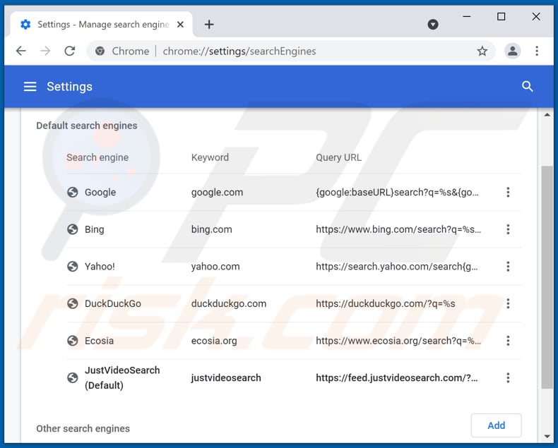Removing justvideosearch.com from Google Chrome default search engine