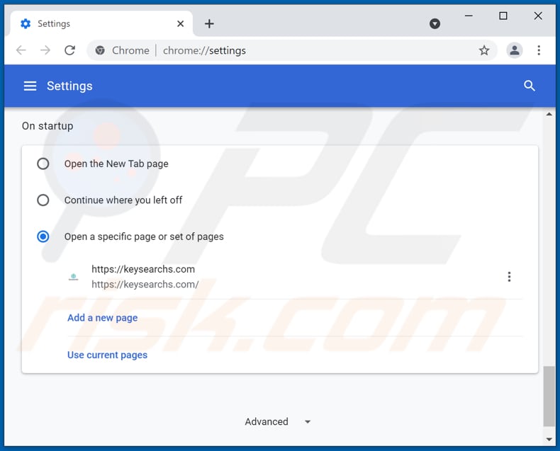 Removing keysearchs.com from Google Chrome homepage