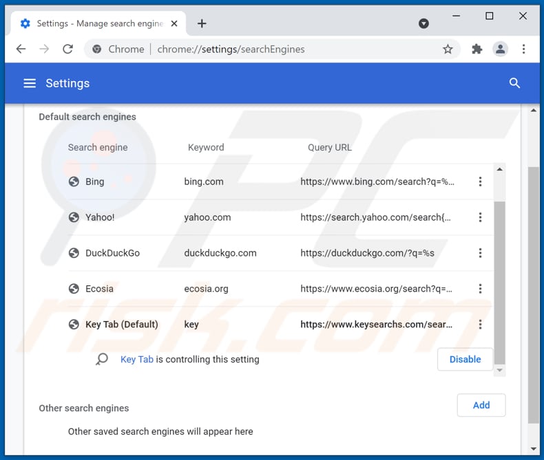 Removing keysearchs.com from Google Chrome default search engine