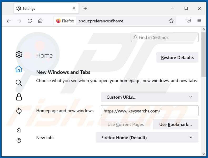 Removing keysearchs.com from Mozilla Firefox homepage