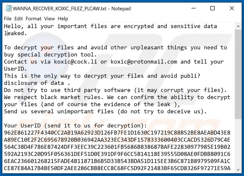 Koxic decrypt instructions (WANNA_RECOVER_KOXIC_FILEZ_PLCAW.txt)