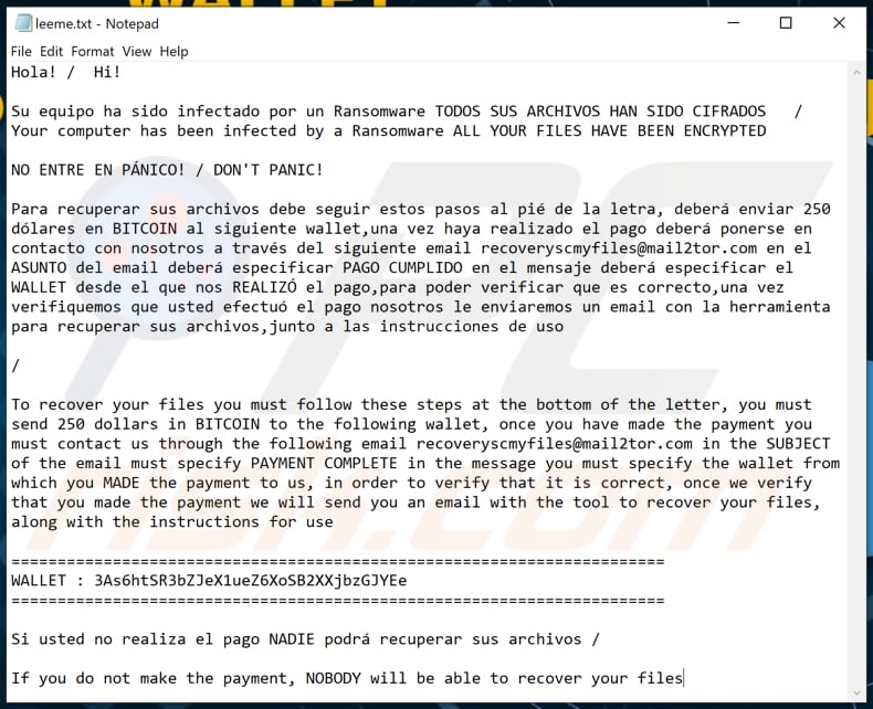 Leeme ransomware text file (leeme.txt)