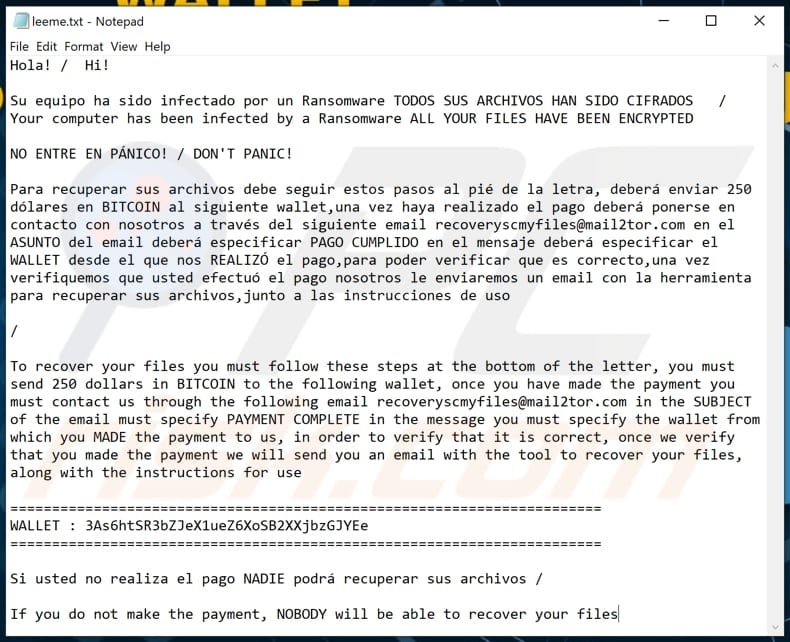 Leeme ransomware text file (leeme.txt)