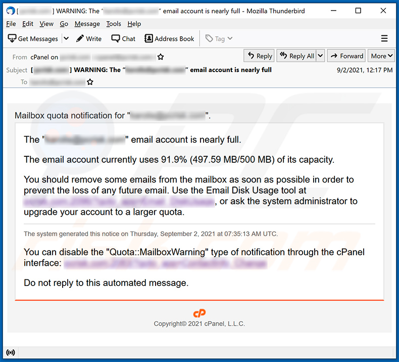Mailbox capacity-themed spam email promoting a phishing site (2021-09-10)