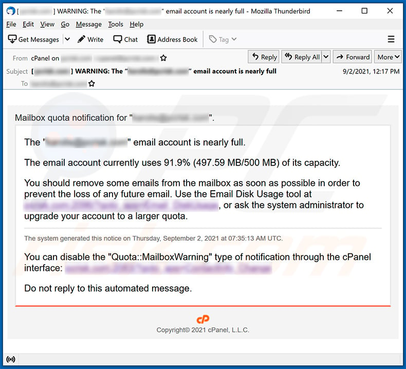 Mailbox capacity-themed spam email promoting a phishing site (2021-09-10)