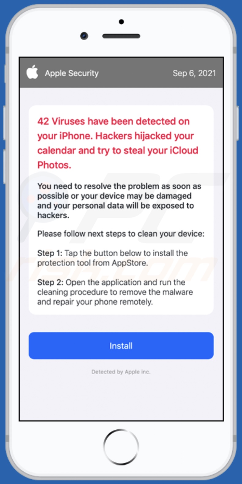 Malware detected! iPhone need to be repaired scam background page