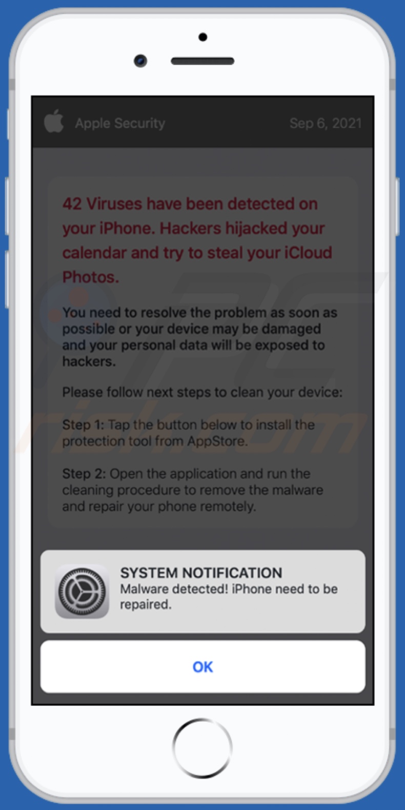 Malware detected! iPhone need to be repaired scam