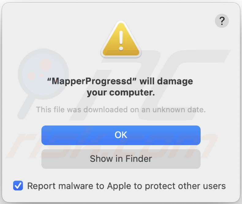 Pop-up displayed when MapperProgress adware is detected on the system