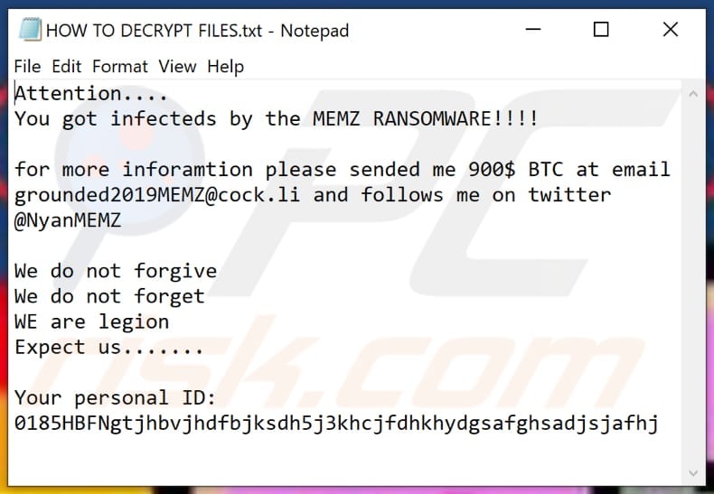 MEMZ ransomware text file (HOW TO DECRYPT FILES.txt)