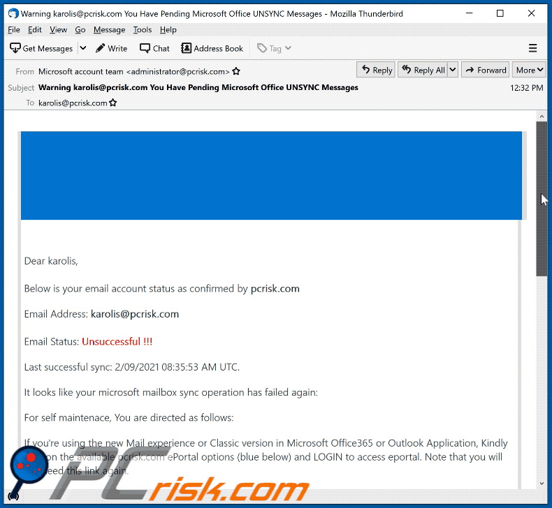microsoft mailbox sync operation has failed again email scam appearance
