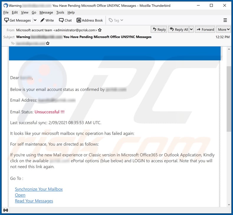 microsoft mailbox sync operation has failed again email scam email spam campaign