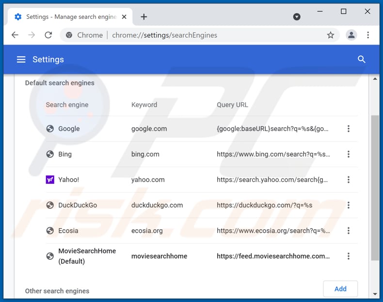 Removing moviesearchhome.com from Google Chrome default search engine