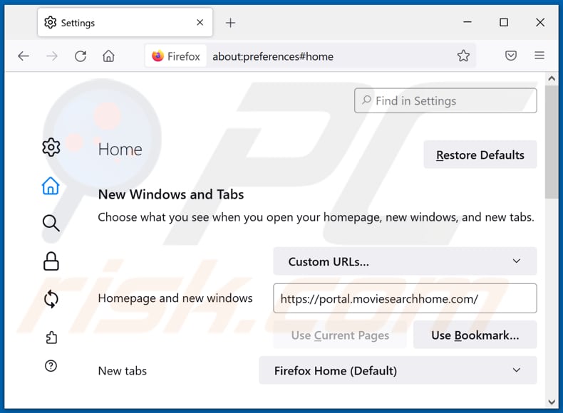 Removing moviesearchhome.com from Mozilla Firefox homepage
