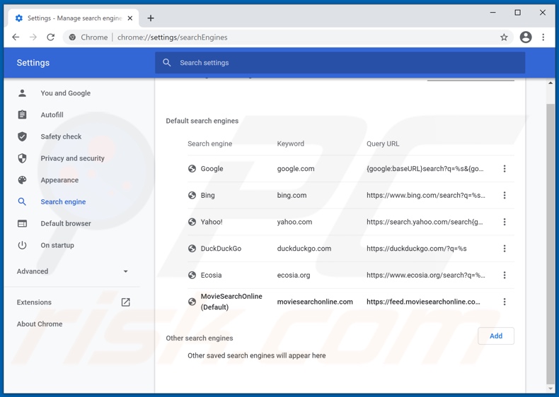 Removing moviesearchonline.com from Google Chrome default search engine