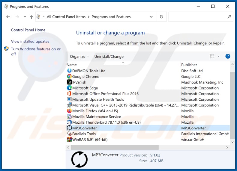 MP3Converter adware uninstall via Control Panel