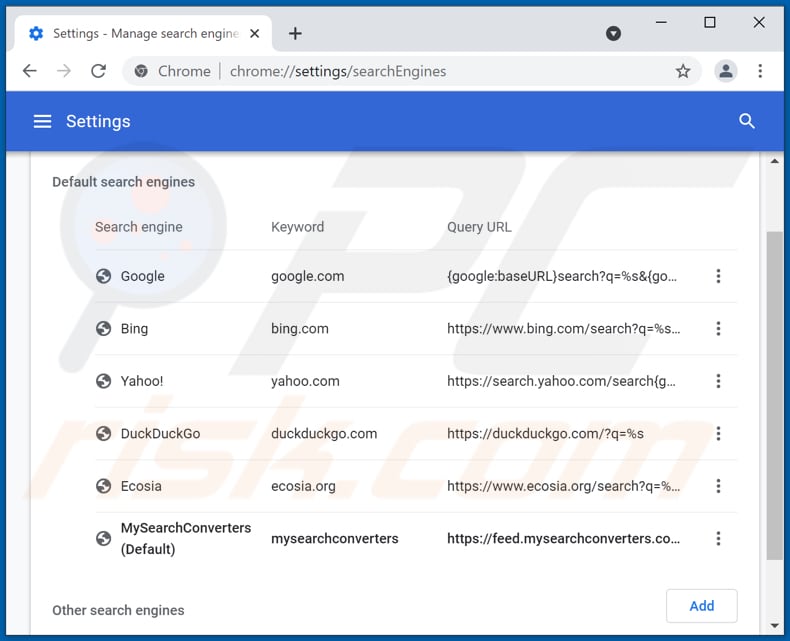 Removing mysearchconverters.com from Google Chrome default search engine