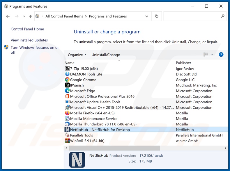 NetflixHub adware uninstall via Control Panel