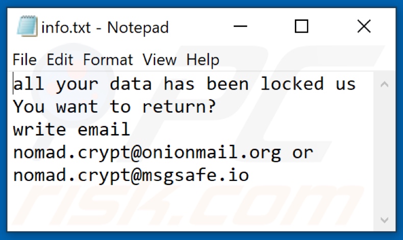 Nomad ransomware text file (info.txt)