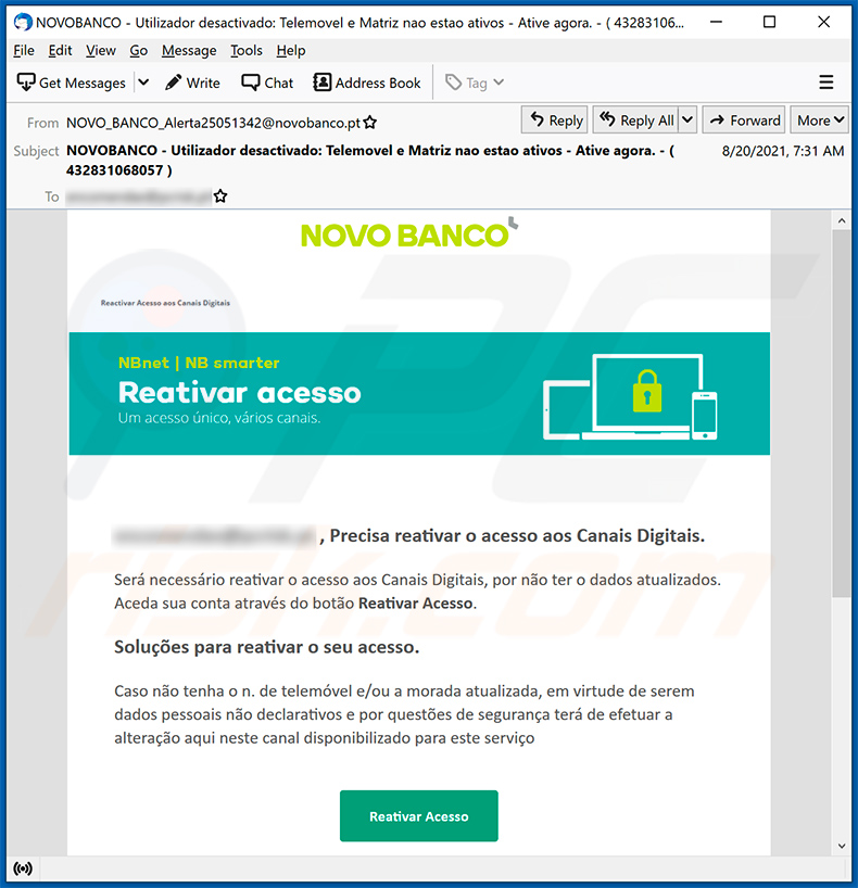 Novo Banco-themed spam email used to promote a phishing site (2021-09-03)