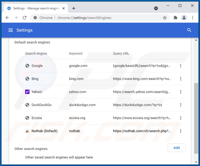 Removing nuthab.com from Google Chrome default search engine