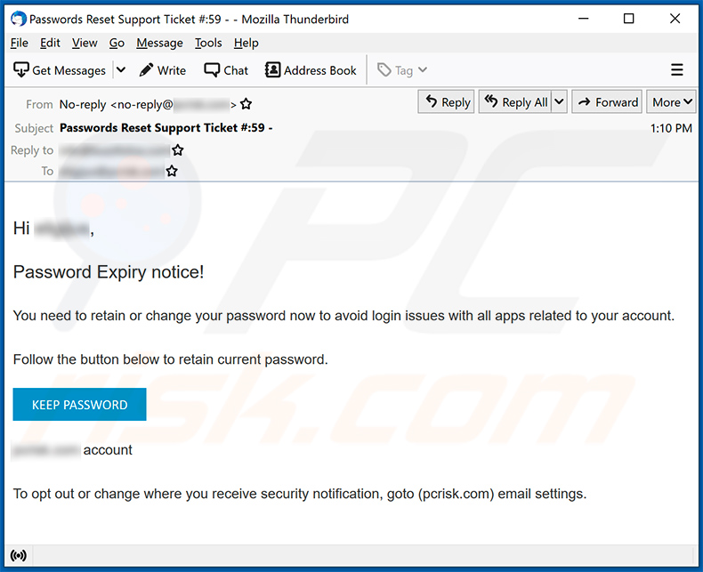 Password expiration-themed spam email promoting a phishing site (2021-09-20)