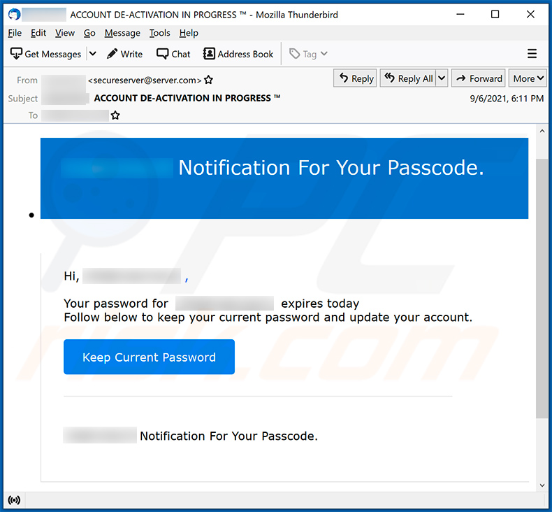 Password expiration-themed spam email promoting a phishing site (2021-09-07)