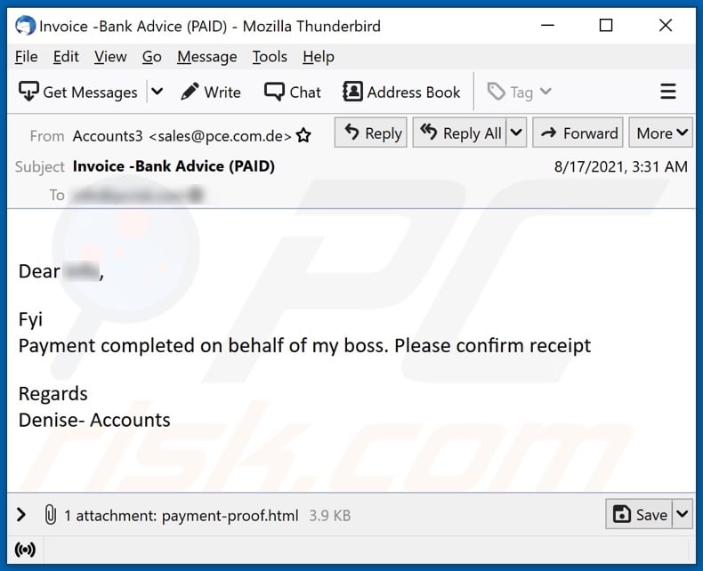 Payment completed on behalf of my boss email spam campaign