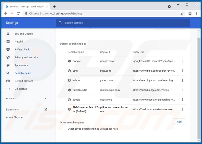 Removing pdfconvertersearchzone.com from Google Chrome default search engine