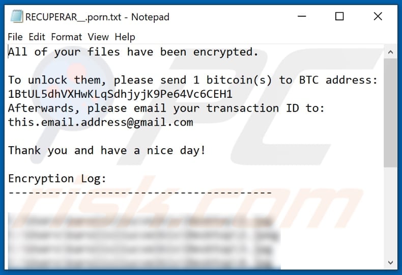 Porn ransomware text file (RECUPERAR__.porn.txt)