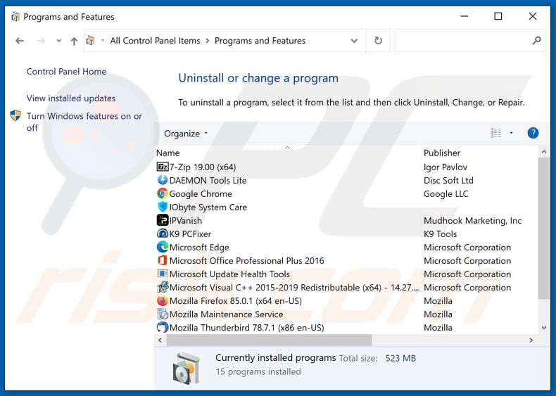 Power Blocker adware uninstall via Control Panel