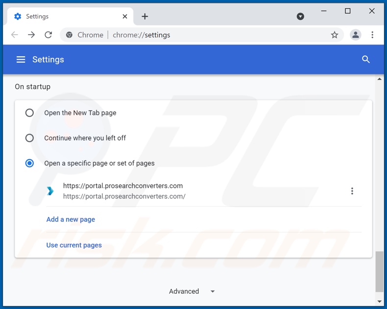 Removing prosearchconverters.com from Google Chrome homepage