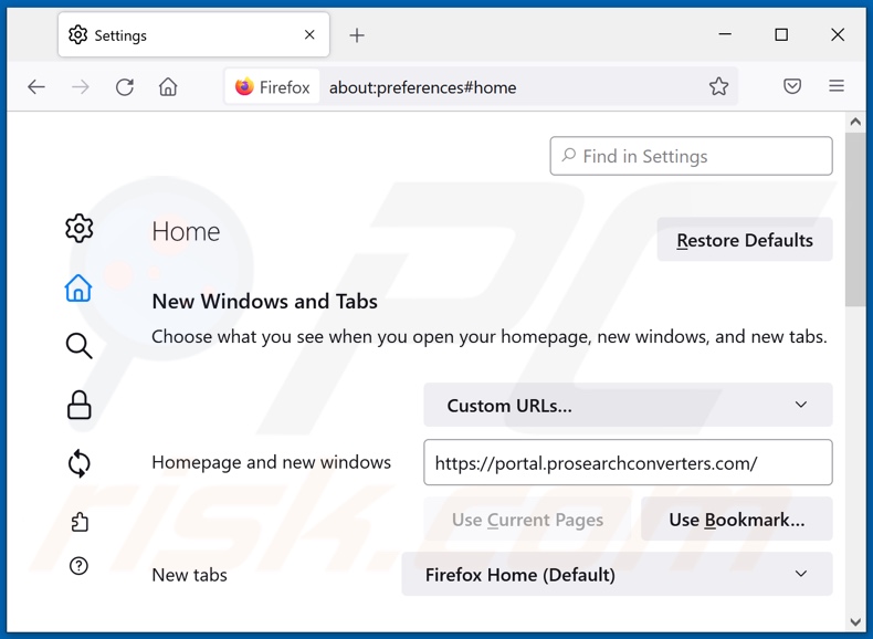Removing prosearchconverters.com from Mozilla Firefox homepage