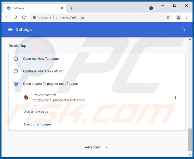Removing prosportsearch.com from Google Chrome homepage