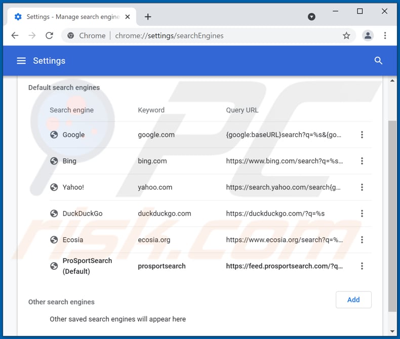 Removing prosportsearch.com from Google Chrome default search engine