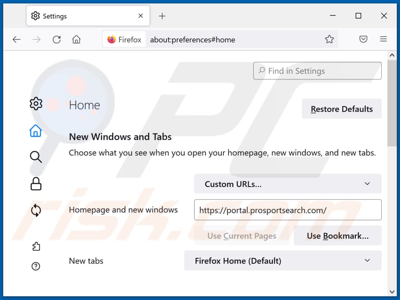 Removing prosportsearch.com from Mozilla Firefox homepage