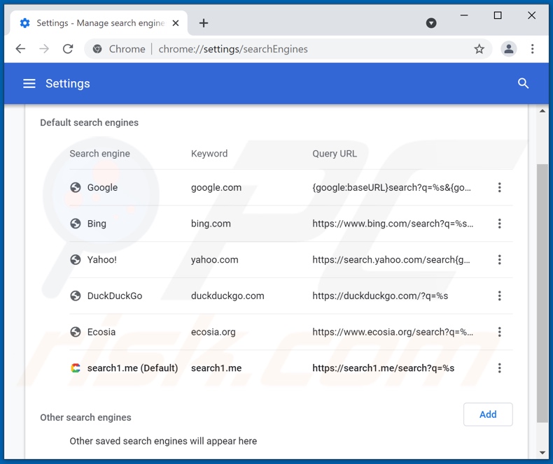 Removing search1.me from Google Chrome default search engine