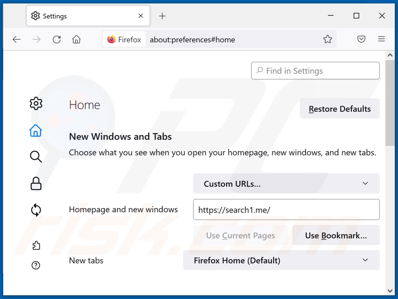 Removing search1.me from Mozilla Firefox homepage