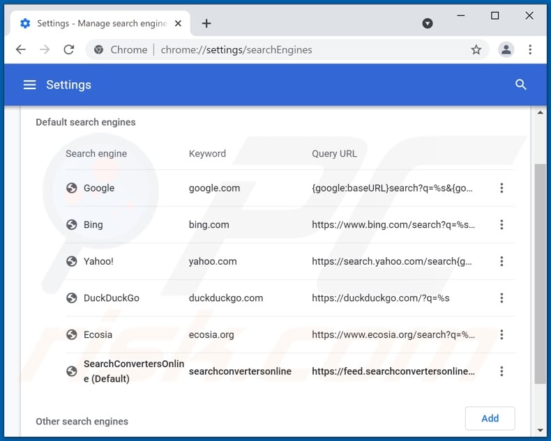Removing searchconvertersonline.com from Google Chrome default search engine