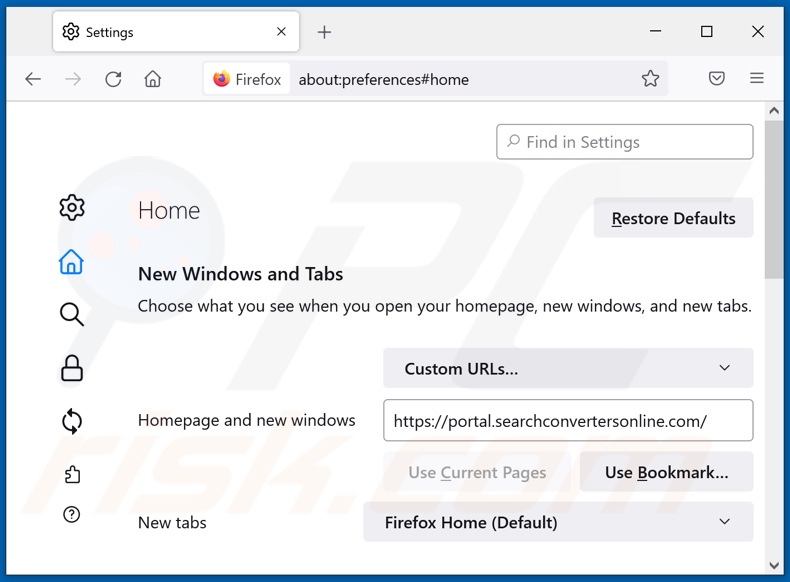 Removing searchconvertersonline.com from Mozilla Firefox homepage