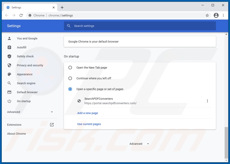 Removing searchpdfconverters.com from Google Chrome homepage