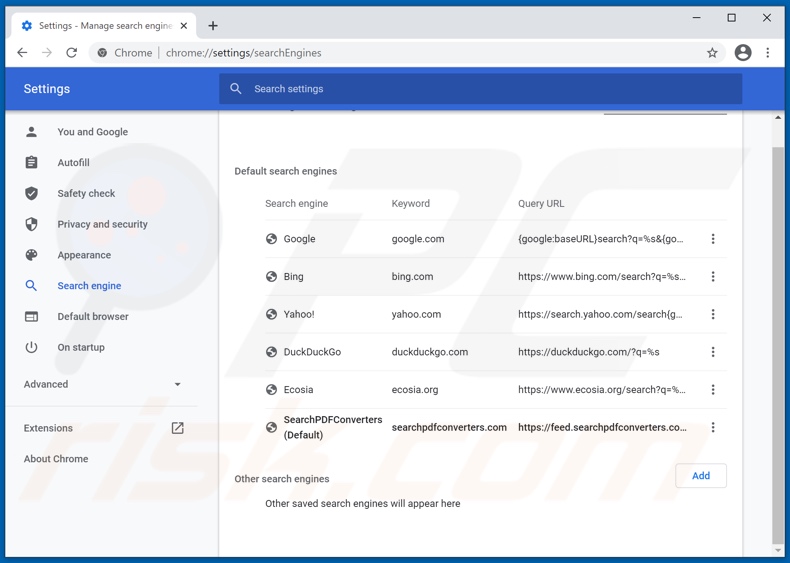 Removing searchpdfconverters.com from Google Chrome default search engine