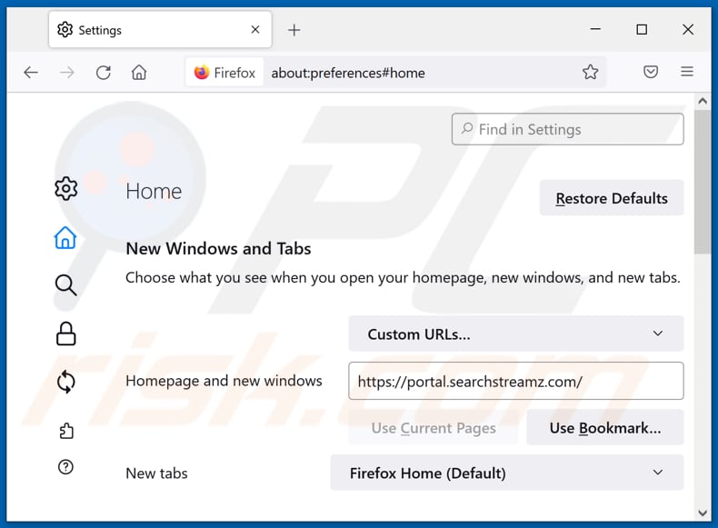 Removing searchstreamz.com from Mozilla Firefox homepage