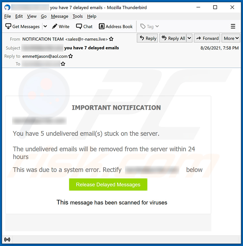 Email(s) stuck on the server scam