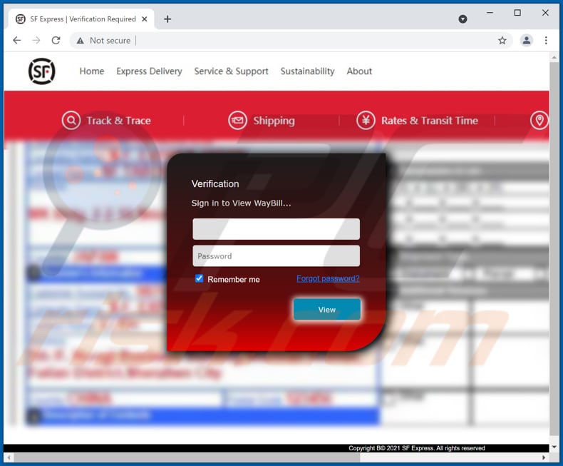 sf express email scam website used to extract login credentials
