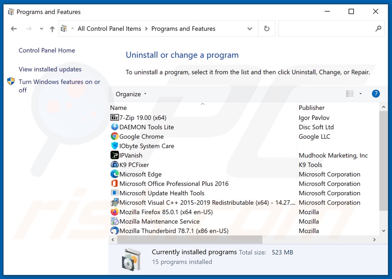 PUAs uninstall via Control Panel
