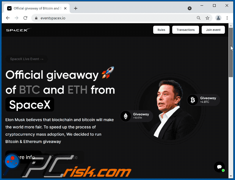 Appearance of SpaceX BTC and ETH giveaway scam
